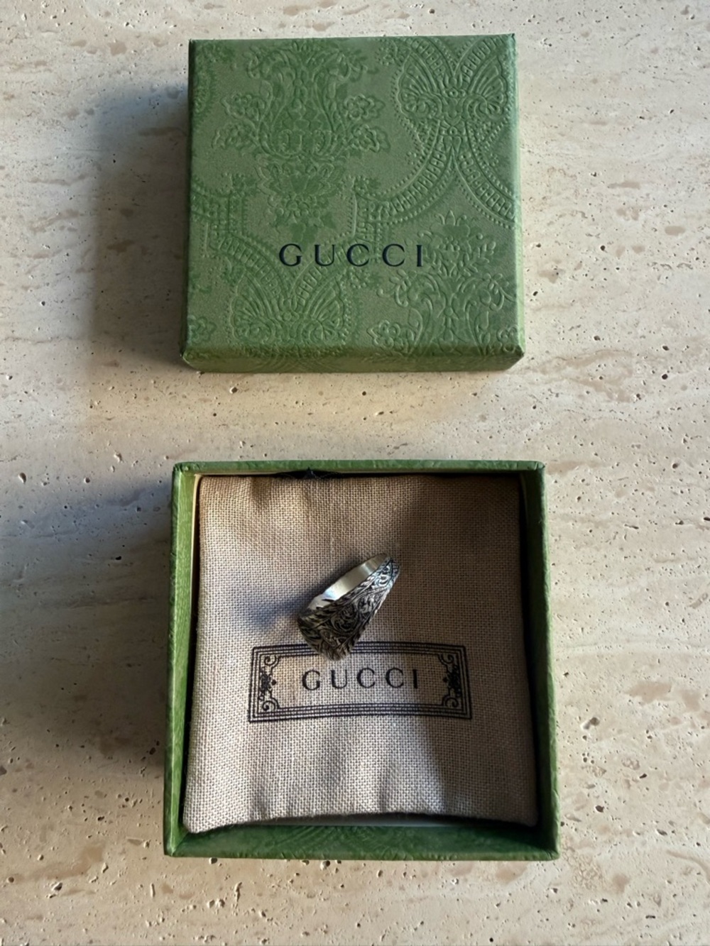NWB GUCCI INTERLOCKING RING Ag 925 STERLING SILVER ENGRAVED PATTERN GUCCI SZ/21 - Picture 5 of 13